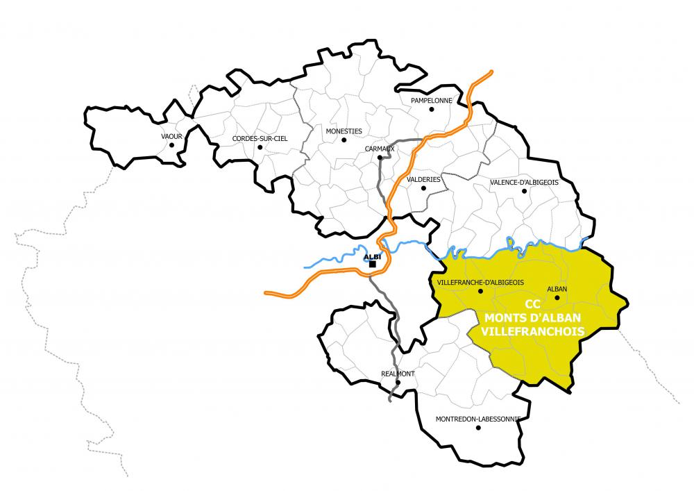 Le périmètre de la Communauté de Communes des Monts d'Alban et du Villefranchois